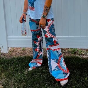 Red white and blue Aztec wrangler flare jeans. So flattering. True Jean